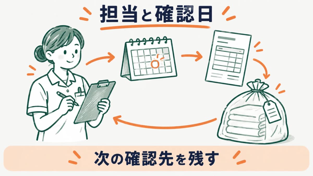 担当者と確認日を引継ぎ地図に置く図