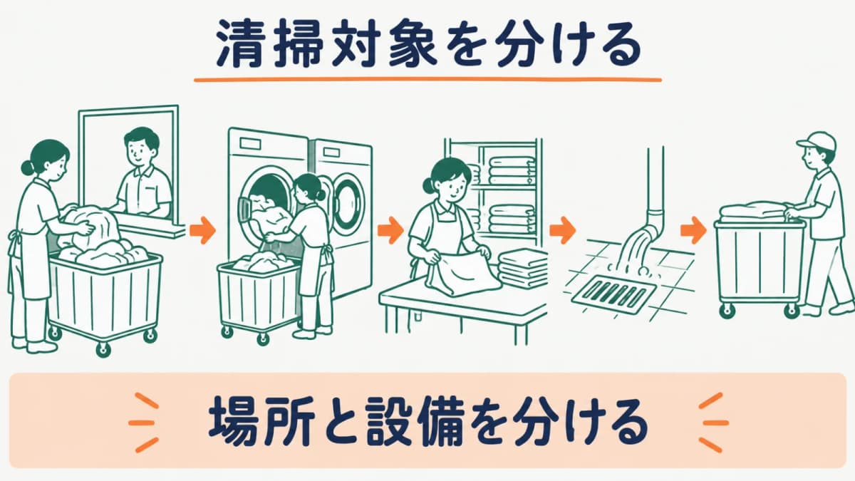作業場所と設備を分けて清掃対象にする図