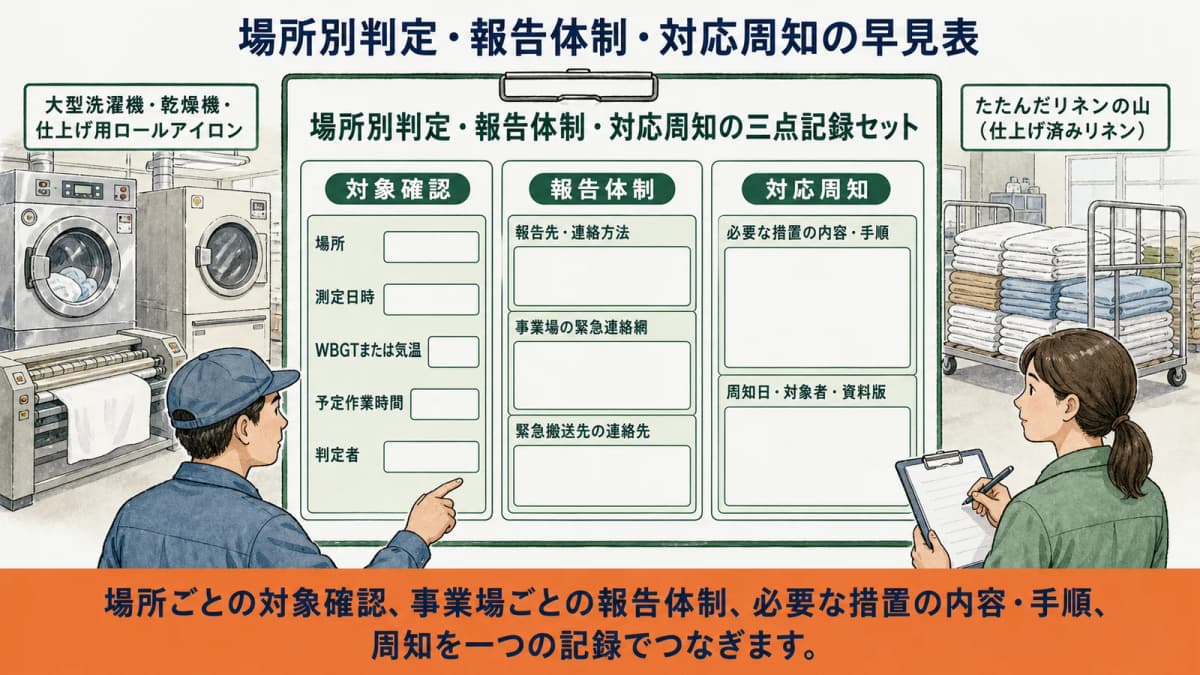 大型洗濯機のある洗濯場で実測から報告体制・対応手順・周知へ進む全体図