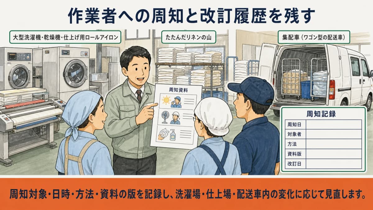 大型洗濯機と集配車の環境変化を実測し手順改訂と再周知へつなぐ図