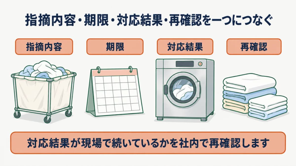 回収カゴの指摘事項を期限・対応結果・再確認へつなぐ図