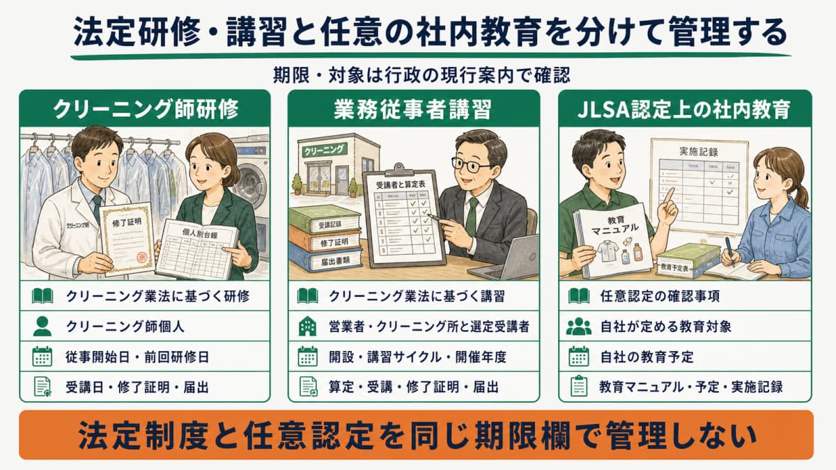 法定研修・講習と任意の社内教育の定義・期限・人数を示す早見表