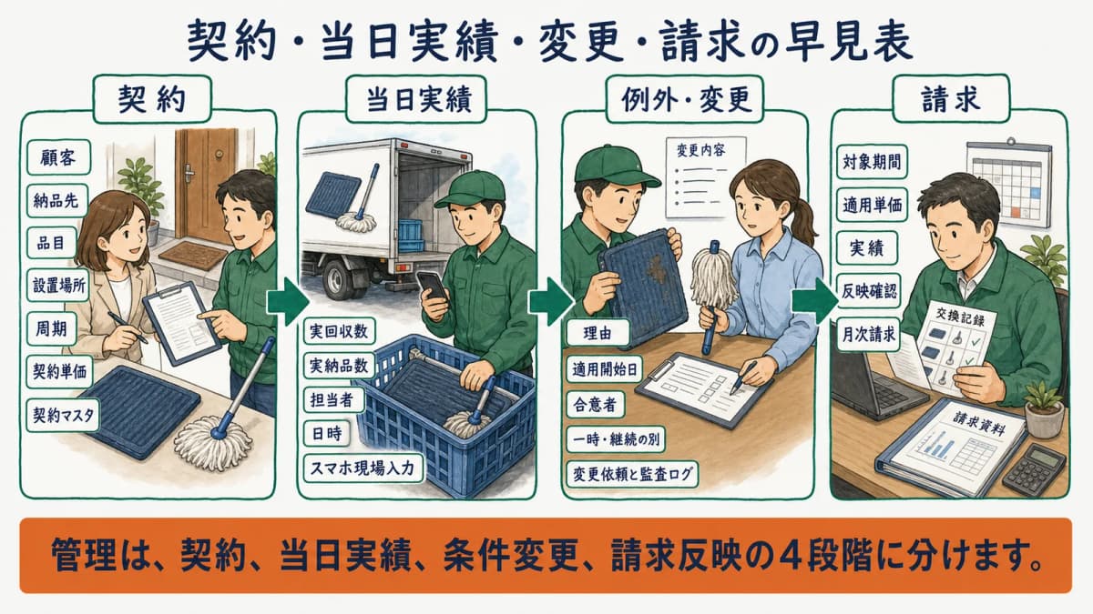契約周期から交換実績と請求反映までを結ぶ全体像