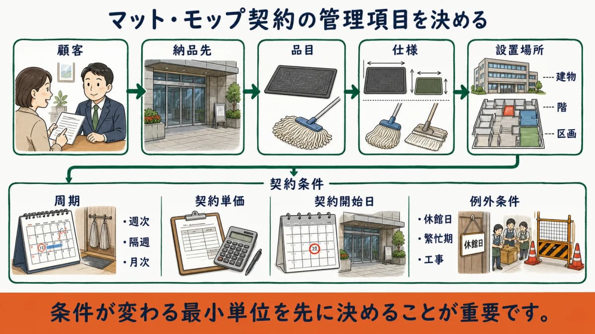 顧客と納品先から品目・仕様・設置場所を分ける契約項目図