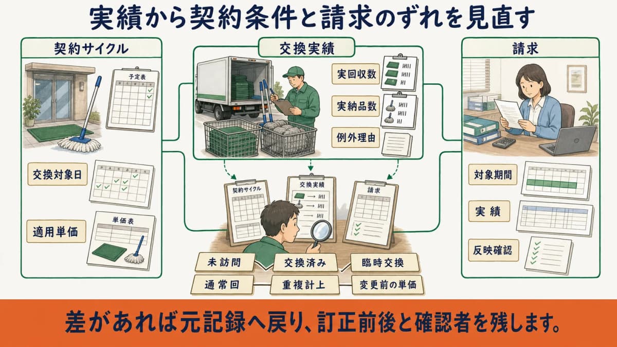 契約周期と交換実績と請求を照合する見直しチェック