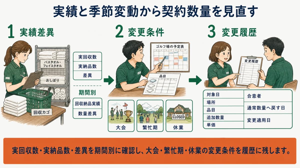 大会・繁忙期・休業によるタオル数量変更と通常数量へ戻す日を履歴化する図