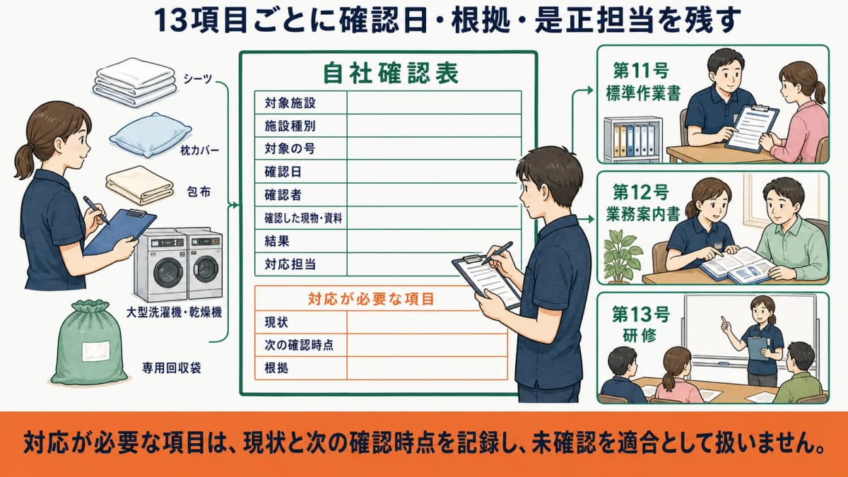 13項目ごとに確認日・根拠・是正担当を残す記録票