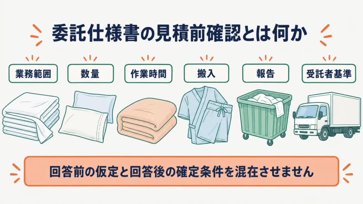 シーツと枕カバーの仕様書を業務範囲・数量・時間・搬入・報告・基準へ分解する全体像