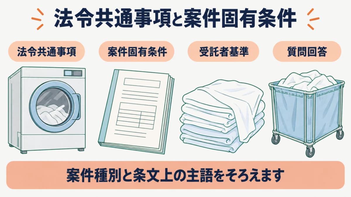 病院寝具類のシーツと大型洗濯機を受託者基準と案件固有条件に分ける図