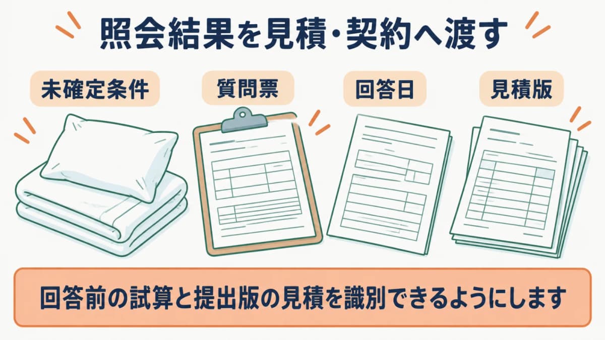 病院仕様書の質問票からシーツの見積条件と契約記録へつなぐ流れ