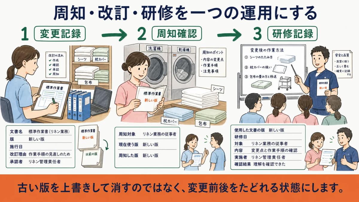 標準作業書の版変更を従事者への周知と研修記録へ反映する流れ