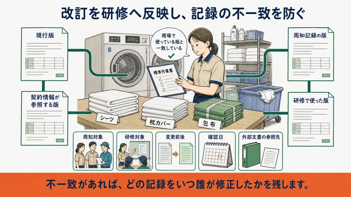 改訂した作業書と研修記録とたたんだリネンの現場作業を一致させる確認図