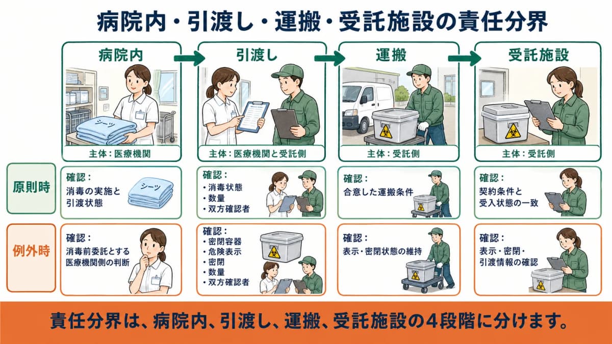感染の危険のあるシーツを病院内消毒から引渡し・運搬・受託施設へつなぐ分界図