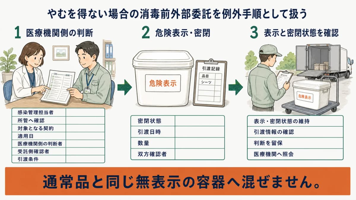 感染の危険を示す表示付き密閉容器を例外手順として引き渡す図
