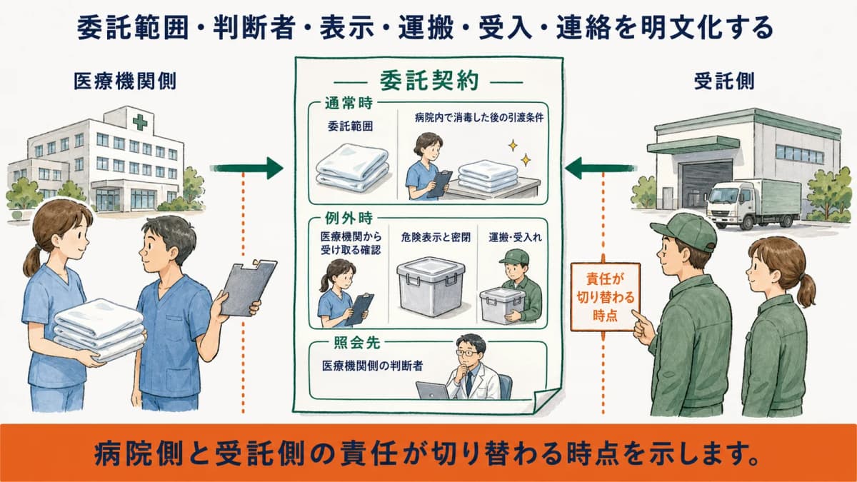 病院との委託契約と密閉容器の引渡記録と回収数量を結ぶ図