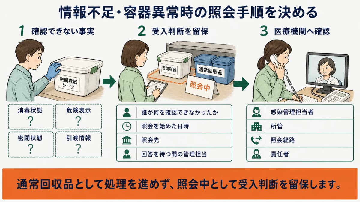 表示や密閉状態を確認できない密閉容器を照会へ回す判断保留の図