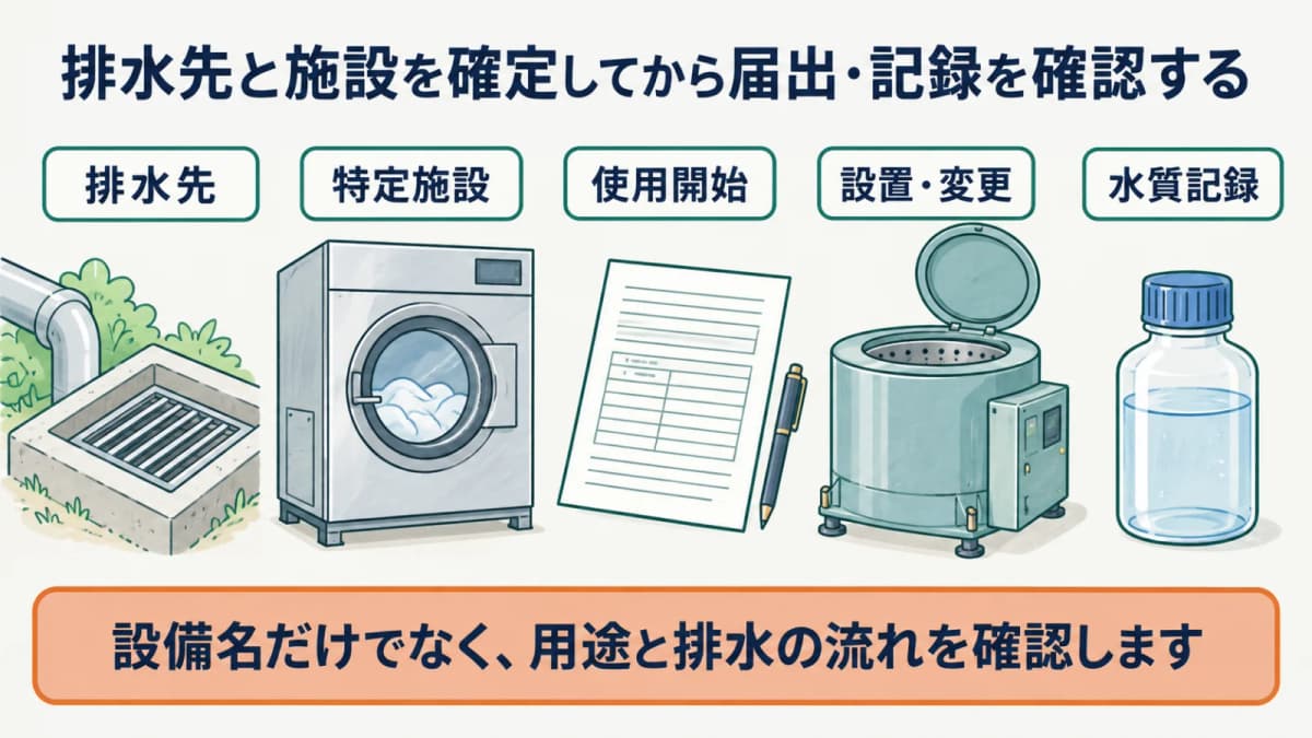 大型洗濯機と排水ますを排水先・特定施設・届出・水質記録へつなぐ図