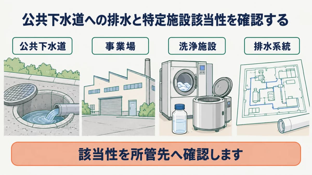 大型洗濯機・脱水機・排水ますのつながりから排水先を確認する図