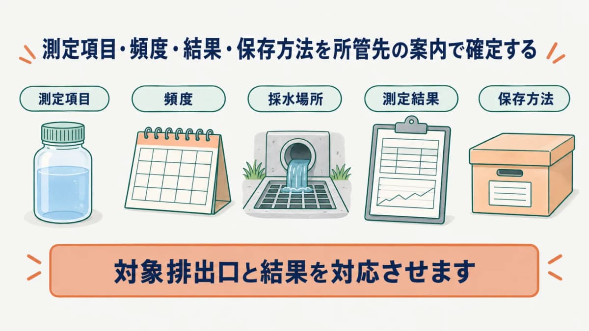 採水びんと排水ますで水質の測定項目・頻度・結果・保存方法を管理する図