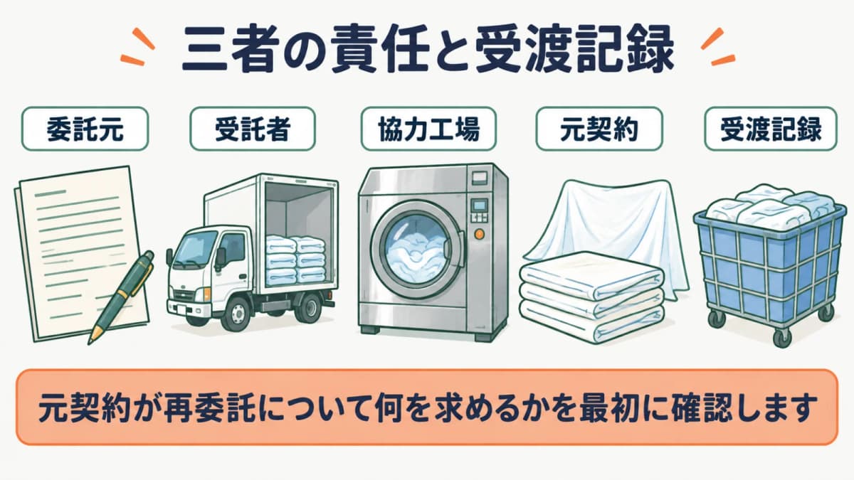 シーツと集配車を委託元・受託者・協力工場の責任と受渡記録へ結ぶ図