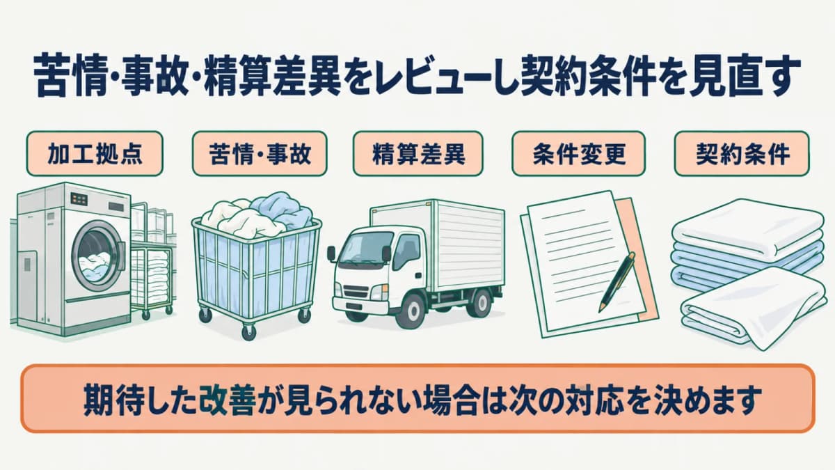 たたんだリネンの苦情・事故・精算差異を契約条件の見直しへつなぐ図
