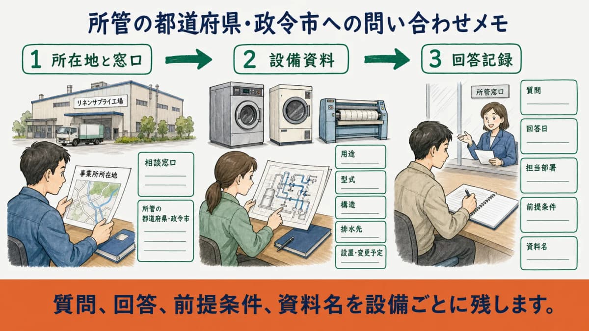 自治体回答を大型洗濯機の設備計画と担当者管理へ反映する図