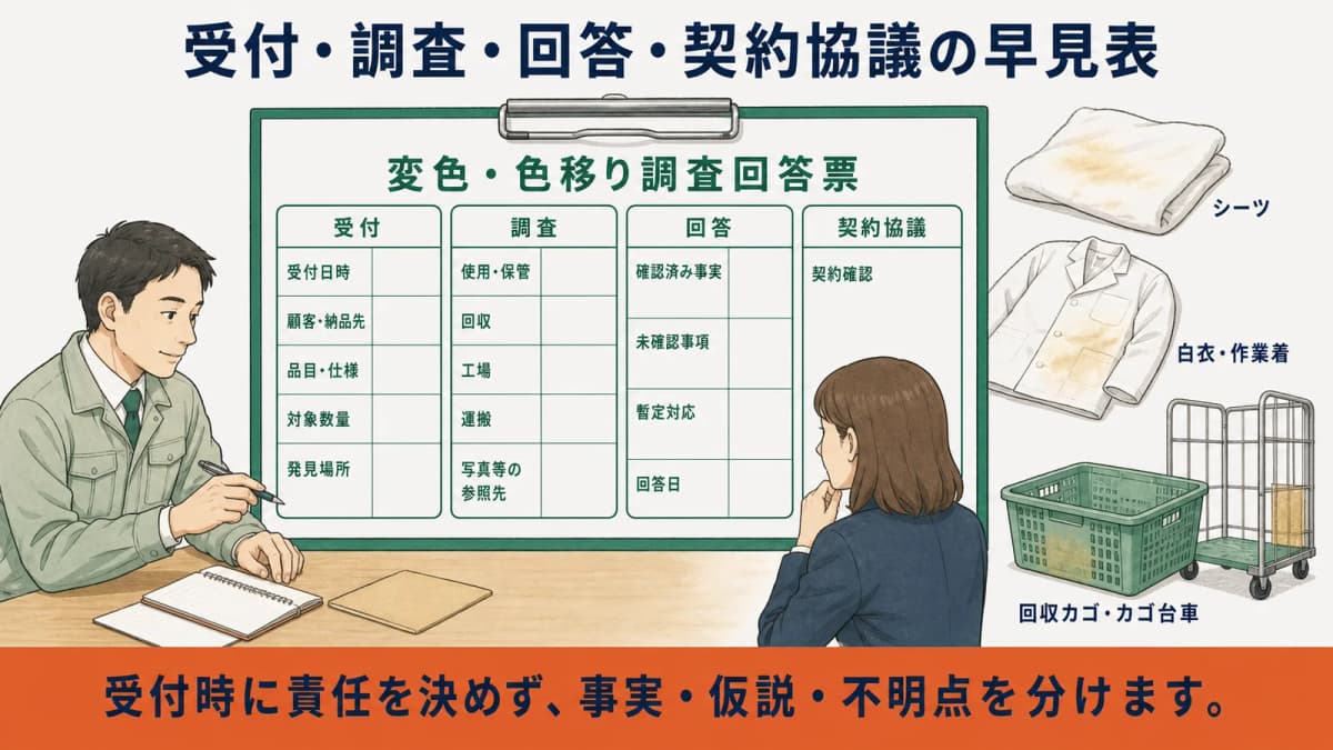 変色した白衣の受付から工程別調査・顧客回答・契約協議までの全体像