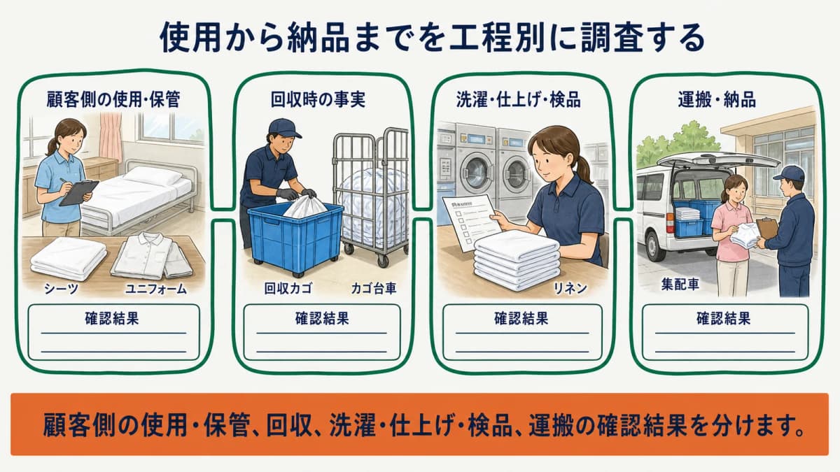 顧客使用・回収カゴ・大型洗濯機・仕上げ・集配車を工程別に調査する図