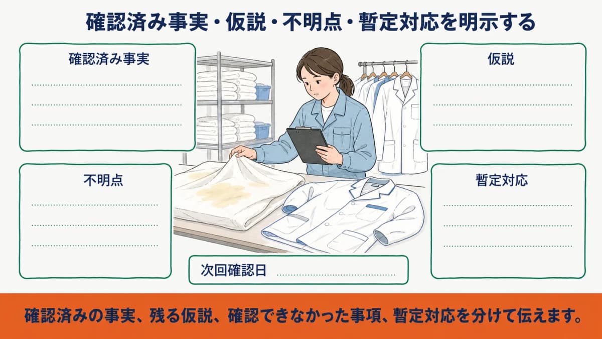 変色調査の確認済み事実・仮説・不明点・暫定対応を分ける回答図