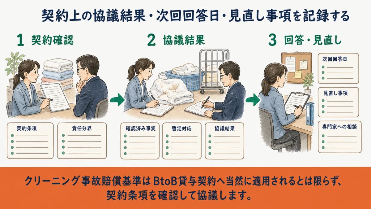 契約協議結果・次回回答日・再発防止の見直し事項を一つの履歴へつなぐ図