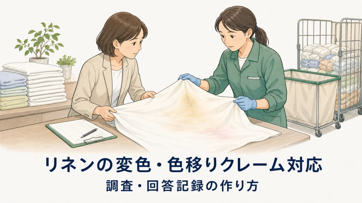 リネンの変色・色移りクレーム対応|調査・回答記録の作り方【2026年版】