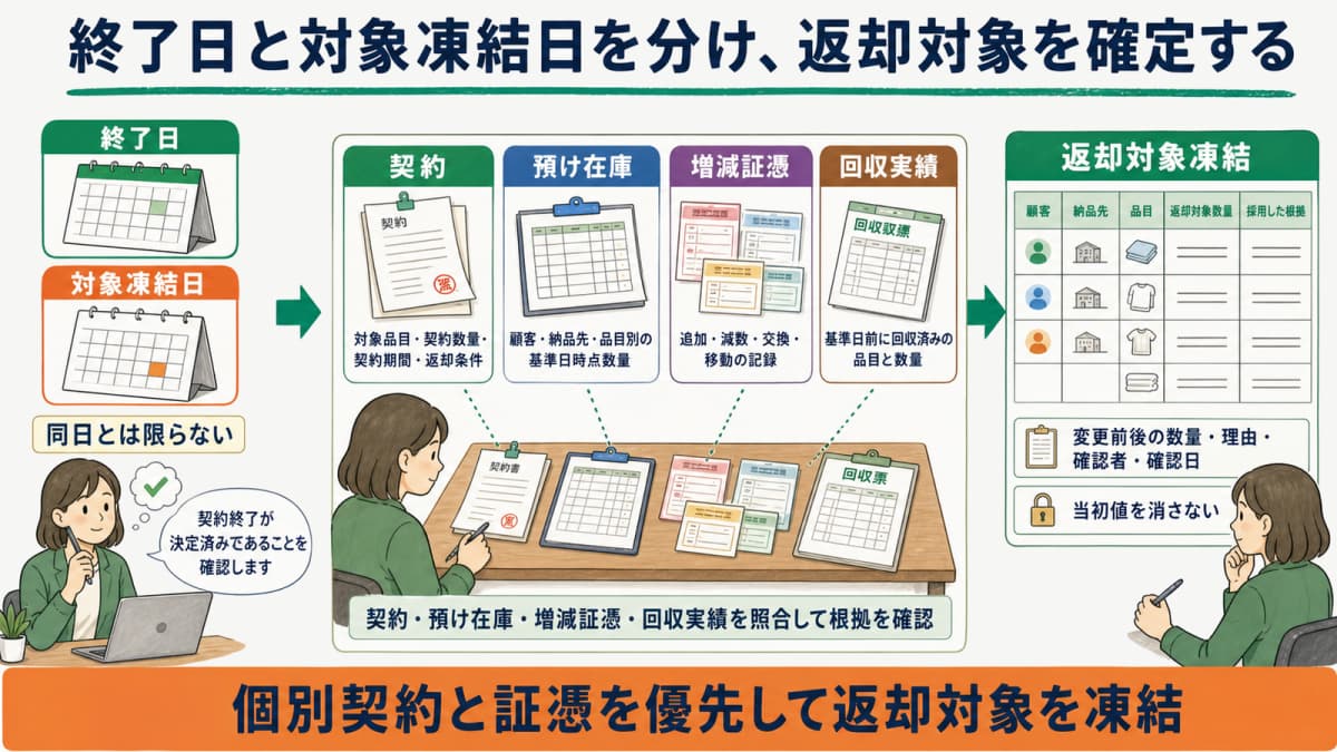 顧客・納品先・品目・数量ごとに返却対象を確定する表