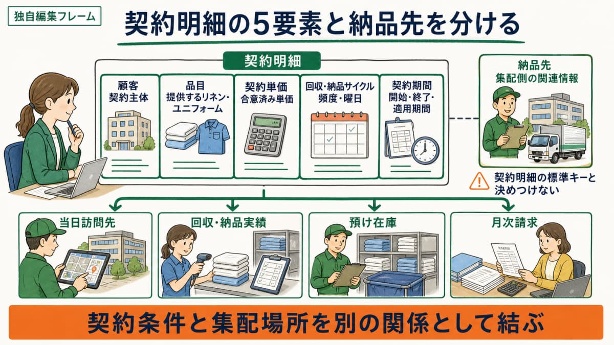 契約マスタの定義と1行5要素・納品先分離を示す早見表