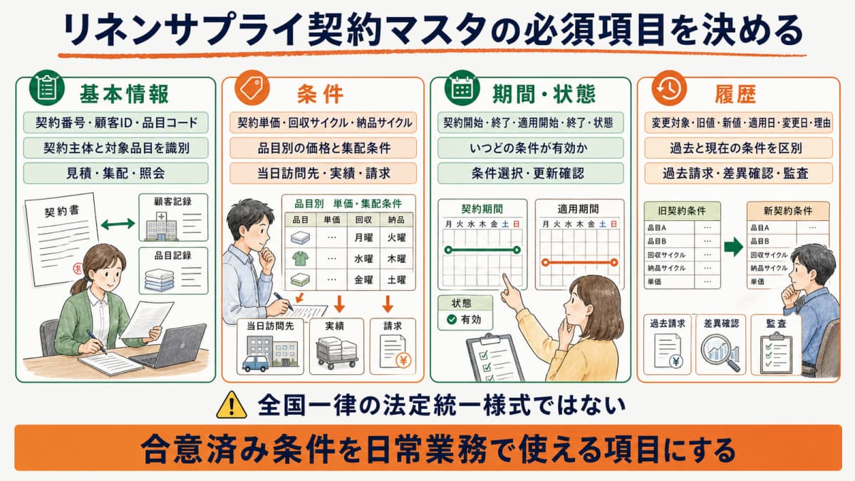 契約マスタの基本情報・条件・期間・履歴を示す4群表