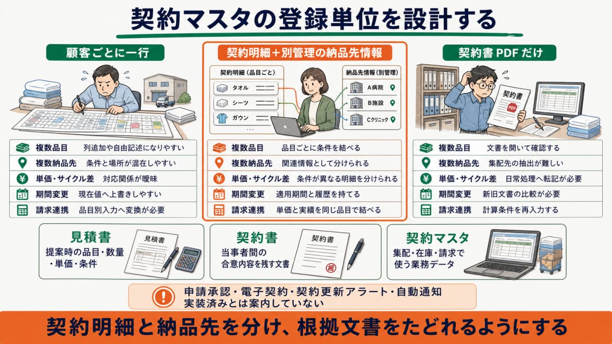 顧客一行・契約明細・契約書のみの管理方法を比較する表