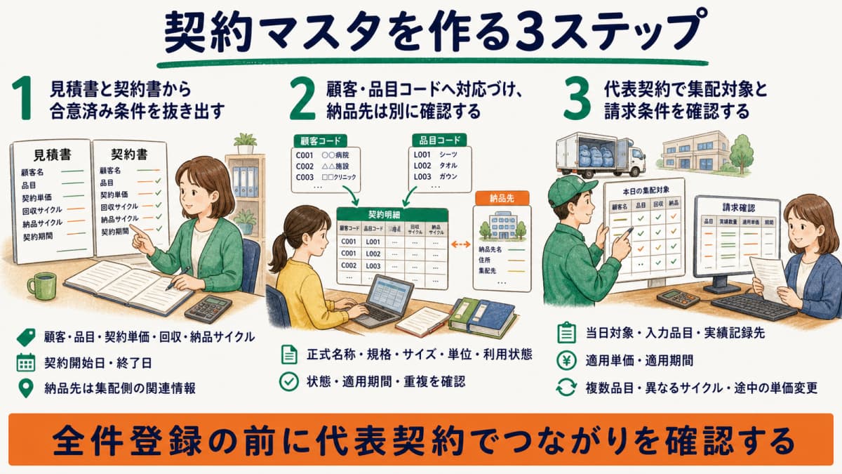 合意条件確認・コード対応・代表契約確認を示す3ステップ