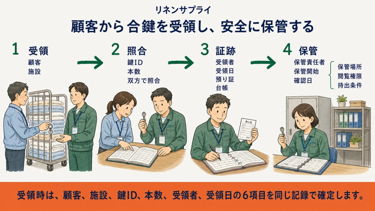 顧客先合鍵の受領項目と保管時の情報境界を示す確認図