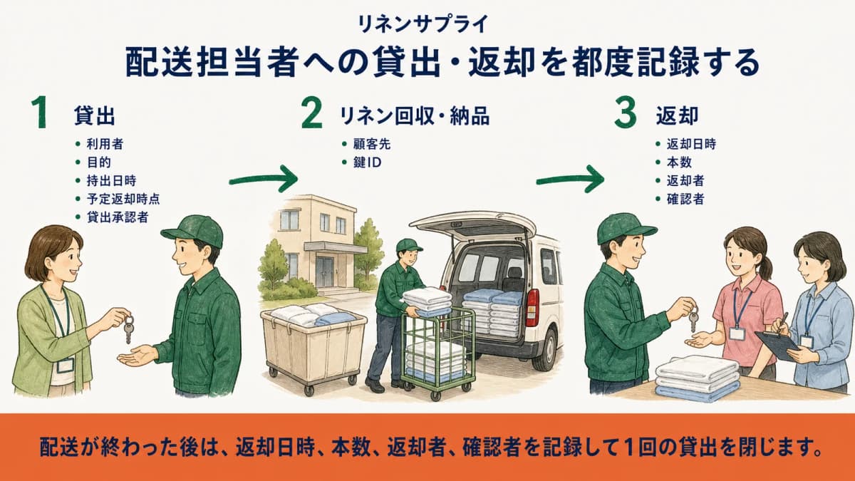 たたんだリネンを配送する担当者への合鍵貸出と返却の記録手順