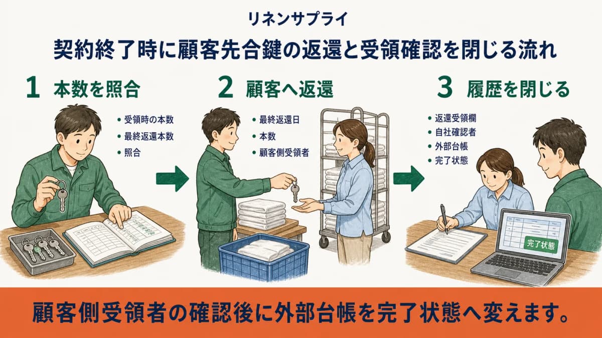 契約終了時に顧客先合鍵の返還と受領確認を閉じる流れ