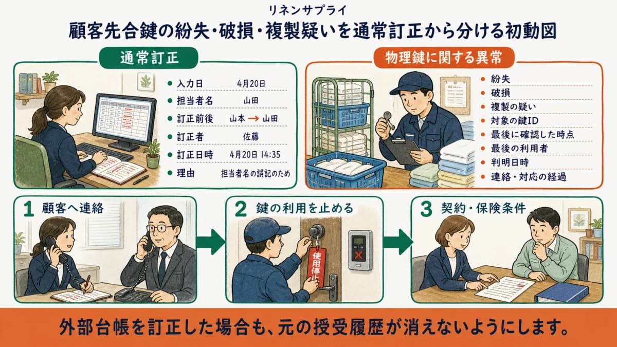 顧客先合鍵の紛失・破損・複製疑いを通常訂正から分ける初動図