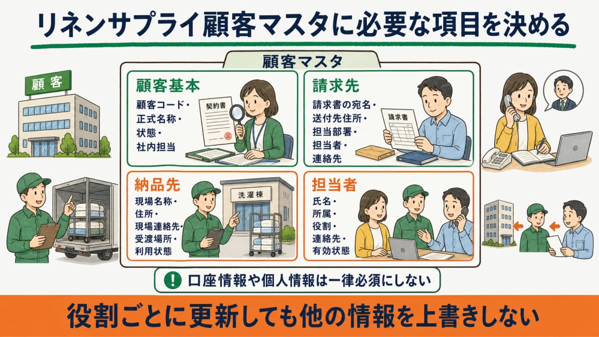 顧客・請求先・納品先・担当者と項目群の対応図