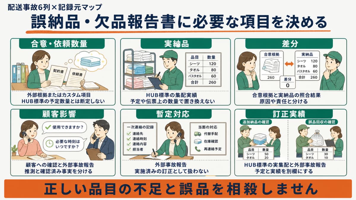合意数量・実納品・差分・顧客影響・暫定対応・訂正実績の記録元マップ