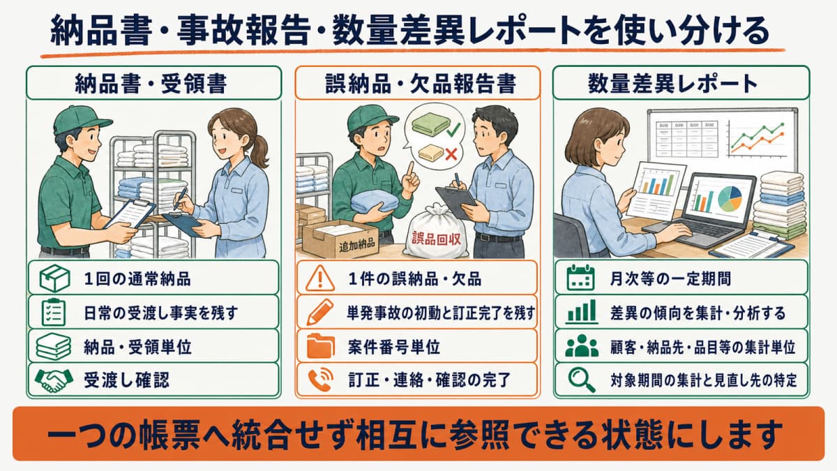 納品書・誤納品欠品報告書・数量差異レポートの役割を比較する表