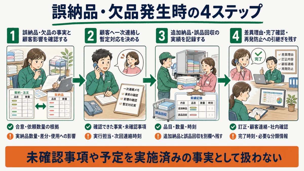 誤納品欠品の発覚から影響確認・訂正・完了までを示す4ステップ