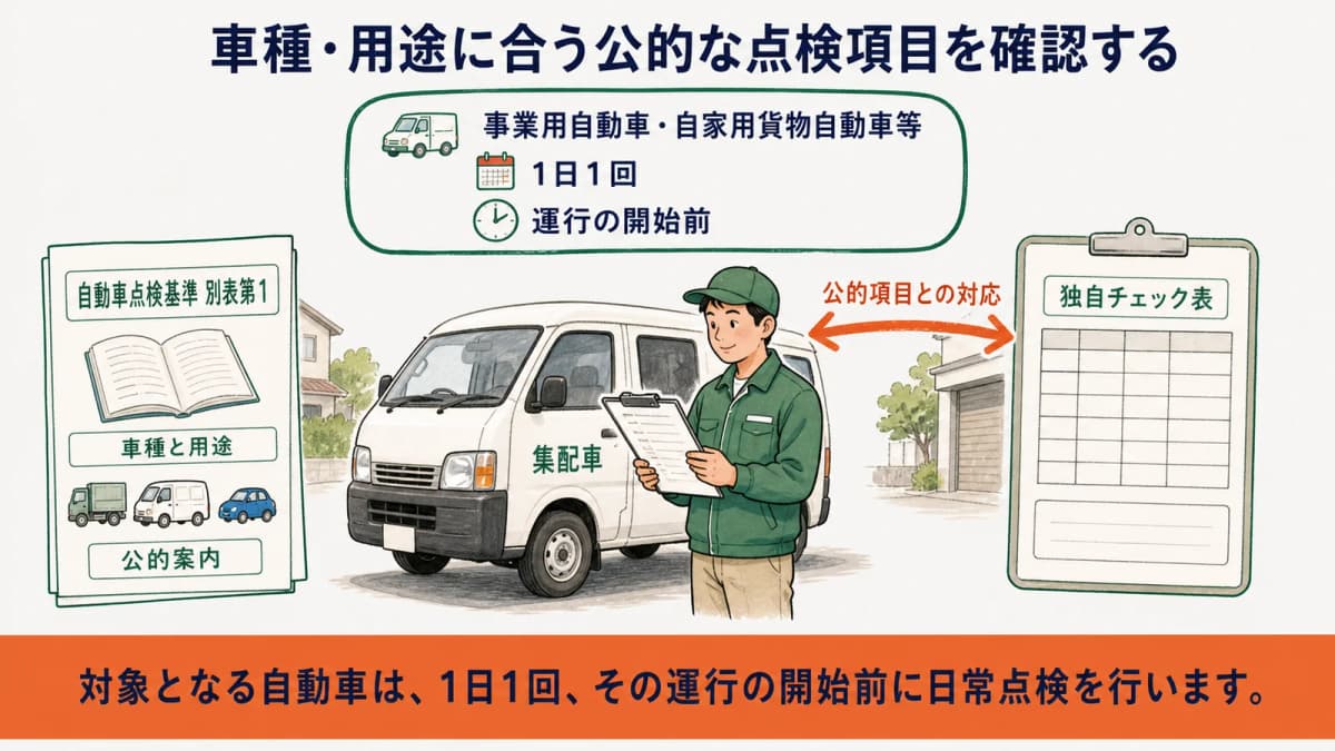 集配車と回収カゴを前に自動車点検基準別表第1を確認する図