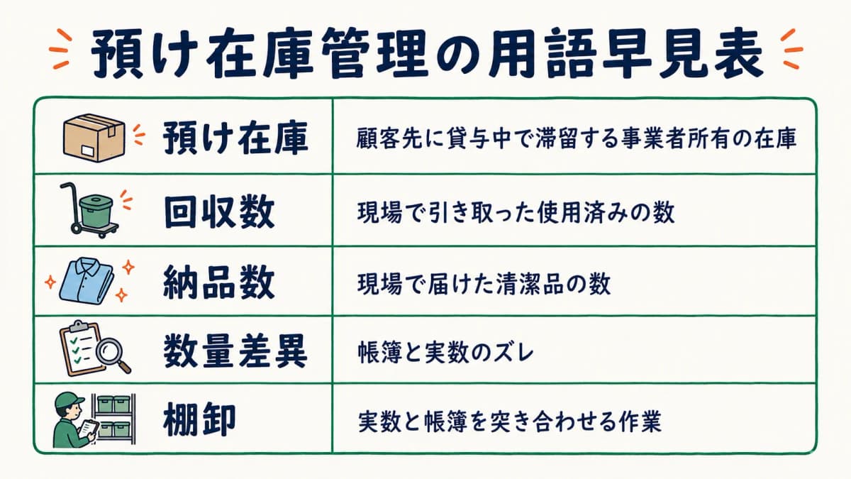預け在庫・回収数・納品数・数量差異・棚卸の用語を一行ずつ整理した早見表