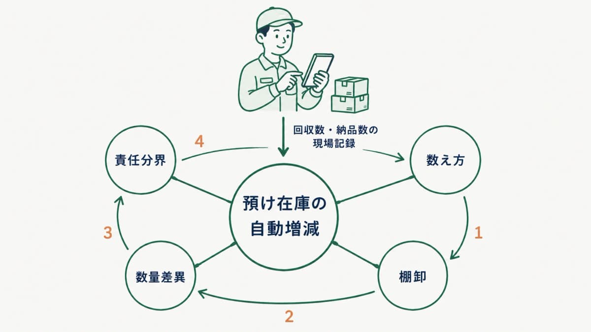 預け在庫の自動増減を中心に数え方・棚卸・数量差異・責任分界の4テーマへ枝分かれする地図