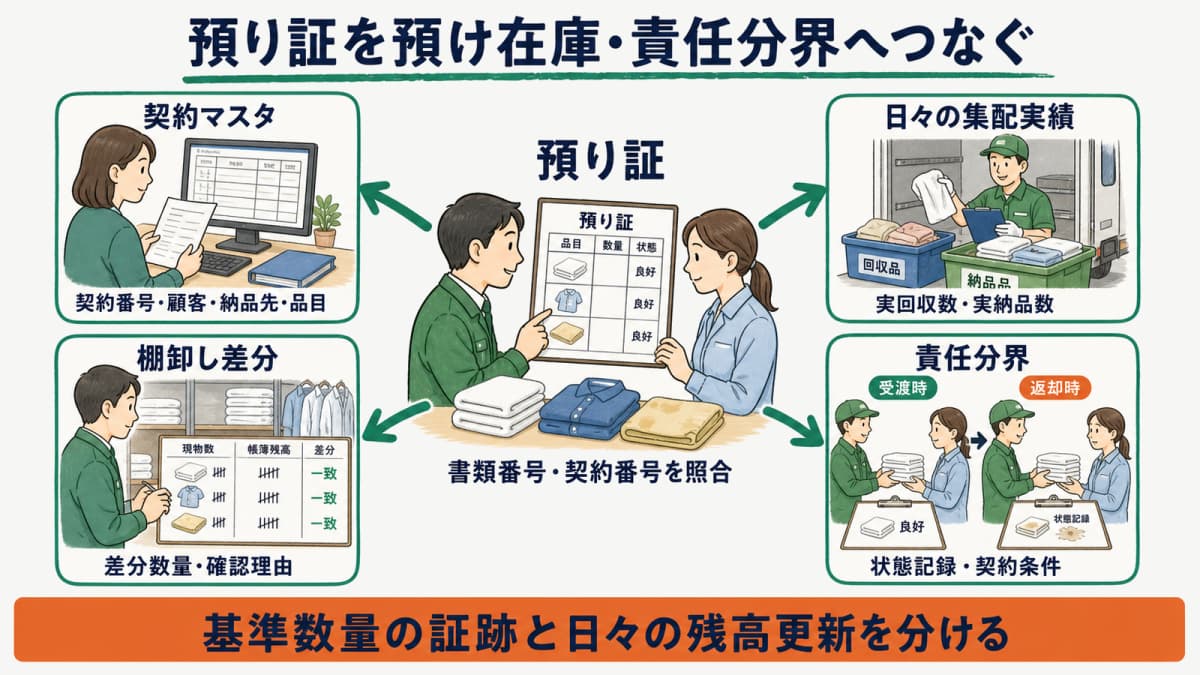 預り証を預け在庫、差異記録、契約条件へつなぐ関係図