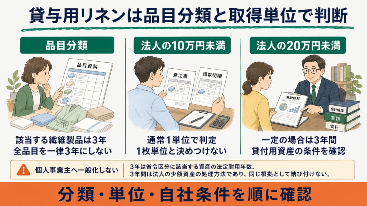 貸与用リネンの品目分類、法定耐用年数、法人の少額判定を分けた早見表
