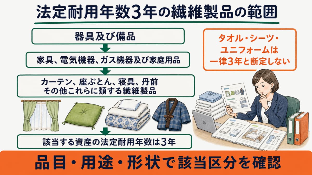 e-Gov省令別表第一で器具及び備品から耐用年数3年の繊維製品へ至る階層図
